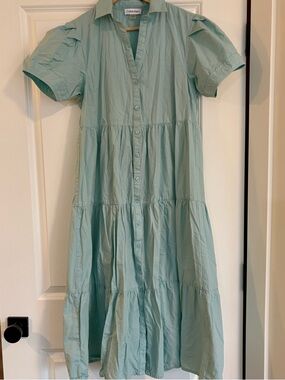 Calvin Klein Mint Green Button-Front Tiered Midi Dress
